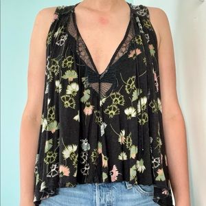 Free People Black Floral Open Back Tank Top